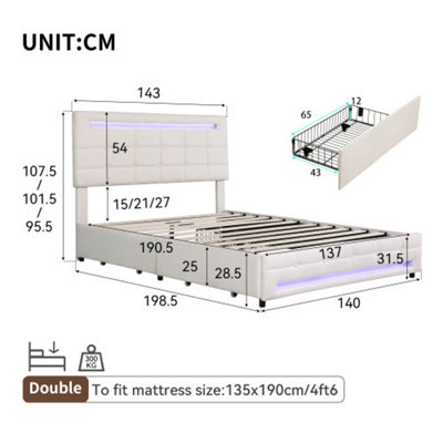 4ft6 Double Upholstered Bed with LED Lighting and Storage Drawers ...