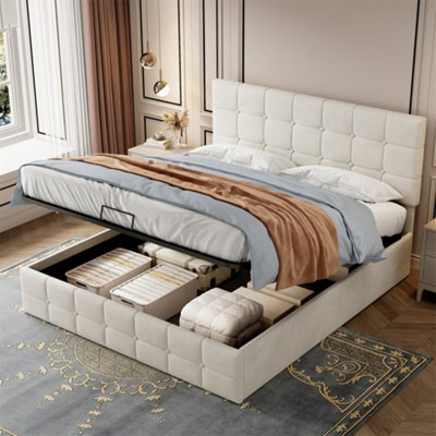 4ft6 Double Upholstered Storage Bed Frame, Velvet Ottoman Bed with Gas List End Opening Wooden Slats, Without Mattress, Beige