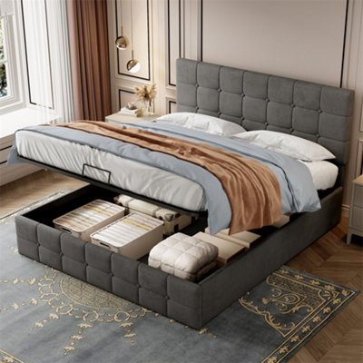 4ft6 Double Upholstered Storage Bed Frame, Velvet Ottoman Bed with Gas List End Opening Wooden Slats , Without Mattress, Grey