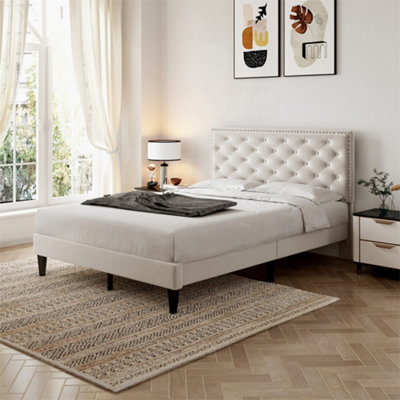 4ft6 Double Upholstered Velvet Bed Frame, with Adjustable Button-Tufted & Riveted Headboard, Beige