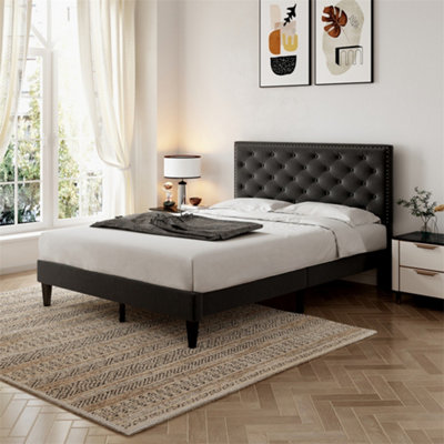 4ft6 Double Upholstered Velvet Bed Frame, with Adjustable Button-Tufted & Riveted Headboard, Black