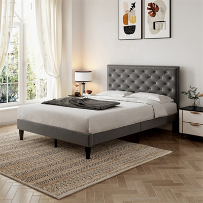 4ft6 Double Upholstered Velvet Bed Frame, with Adjustable Button-Tufted & Riveted Headboard, Grey