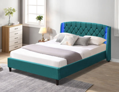 4ft6 Green Fabric Bedframe With LED Headboard