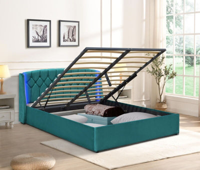 4ft6 Green Fabric Gaslift Bedframe With LED Headboard