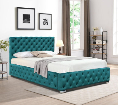 4ft6 Green Tufted Fabric Bed Frame