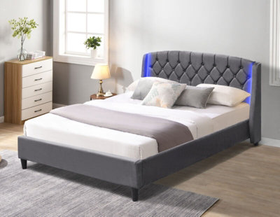 4ft6 Grey Fabric Bedframe With LED Headboard