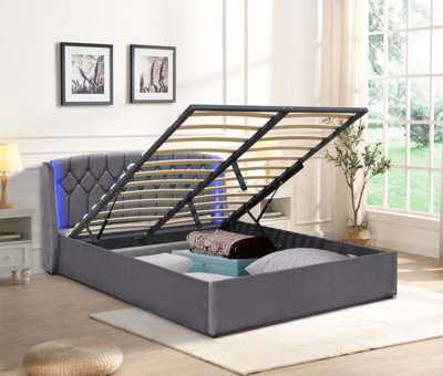 4ft6 Grey Fabric Gaslift Bedframe With LED Headboard