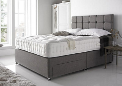 4FT6 Grey Linen Divan Bed Set with 20'' Cube Headboard 10'' Spring Mattress & 2 Storage Drawers