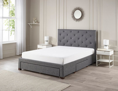 4FT6 Monet Double Bed Tufted Deep Buttoned Headboard Fabric 3 Drawer Storage Bed Frame Dark Grey