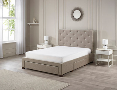 4FT6 Monet Double Bed Tufted Deep Buttoned Headboard Fabric 3 Drawer ...