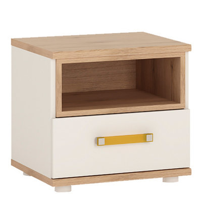 4Kids 1 Drawer bedside Cabinet in Light Oak and white High Gloss (orange handles)