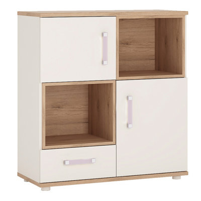 4KIDS 2 door 1 drawer cupboard with 2 open shelves with lilac handles