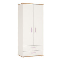 4Kids 2 Door 2 Drawer Wardrobe in Light Oak and white High Gloss (lilac handles)