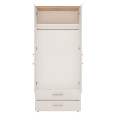4Kids 2 Door 2 Drawer Wardrobe in Light Oak and white High Gloss (lilac handles)