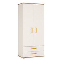 4Kids 2 Door 2 Drawer Wardrobe in Light Oak and white High Gloss (orange handles)