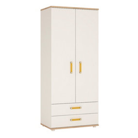 4Kids 2 Door 2 Drawer Wardrobe in Light Oak and white High Gloss (orange handles)