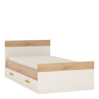 4Kids Single Bed with Underbed Drawer in Light Oak and white High Gloss (orange handles)