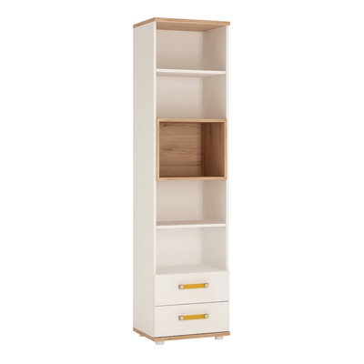 4Kids Tall 2 Drawer Bookcase in Light Oak and white High Gloss (orange handles)