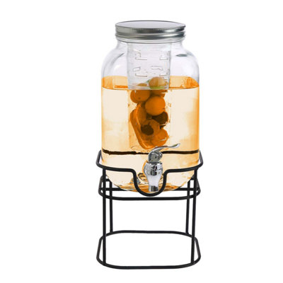 4L Glass Drinks Dispenser Jar on stand Juice & Cocktail Jug with Lid for BBQ & Parties