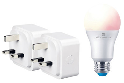 4lite Wiz Connected 3-Pin UK Smart Plug x 2 Pack + 1 x A60 Multicolour Dimmable E27 Large Screw Fit Smart Bulb