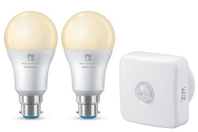 4lite WiZ Connected A60 Warm White WiFi/Bluetooth LED B22 Bayonet Cap Smart Bulb 2 Pack + PIR Sensor