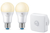 4lite WiZ Connected A60 Warm White WiFi/Bluetooth LED E27 Screw Fit Smart Bulb 2 Pack + PIR Sensor