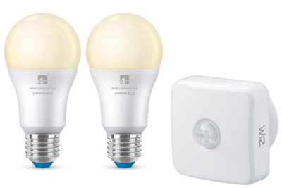 4lite WiZ Connected A60 Warm White WiFi/Bluetooth LED E27 Screw Fit Smart Bulb 2 Pack + PIR Sensor