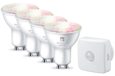 4lite Wiz Connected Dimmable Multicolour WiFi/Bluetooth GU10 LED Smart Bulb x4 Pack + PIR Sensor