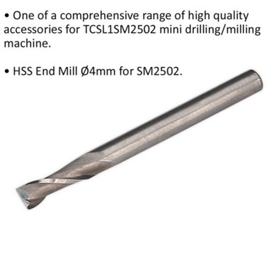 4mm HSS End Mill 2 Flute - Suitable for ys08796 Mini Drilling & Milling Machine
