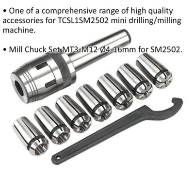 4mm to 16mm Mill Chuck Set MT3-M12 - Suits ys08796 Mini Drilling/Milling Machine