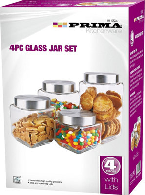 4pc Biscuit Cookie Snacks Kitchen Storage Organiser Glass Jar Canister Sweets