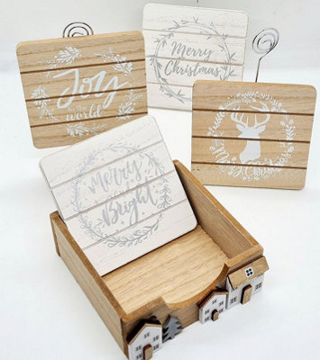 4pc Christmas Wooden Coaster Set with Holder
