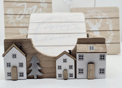 4pc Christmas Wooden Coaster Set with Holder - 3