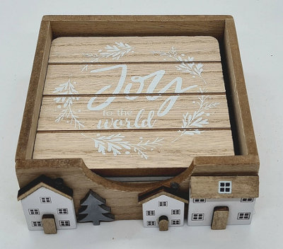 4pc Christmas Wooden Coaster Set with Holder - 4