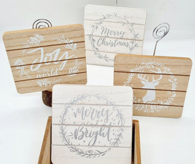 4pc Christmas Wooden Coaster Set with Holder - 5