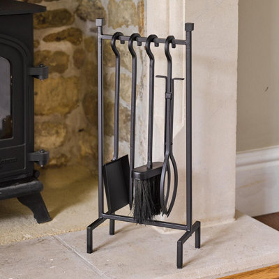 4pc Fireplace Tool Set - Black Iron Poker, Grabber, Shovel and Brush ...