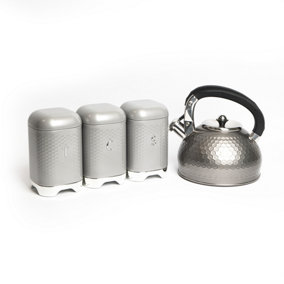 4pc Gift-Boxed Shadow Grey Kitchenware Set with Tea, Coffee & Sugar Canisters and 2.5L Whistling Kettle - Lovello