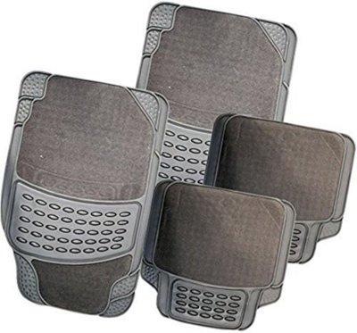 4Pc Grey Heavy Duty Rubber And Carpet Universal Car Mat Set Vehicle