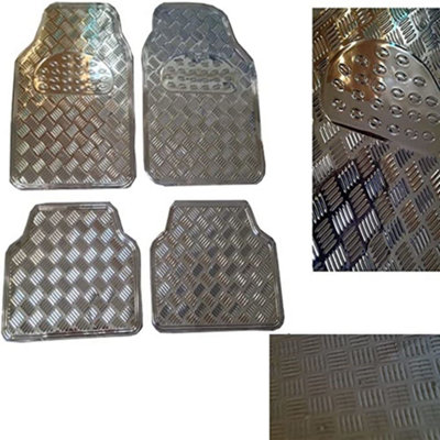 4pc Heavy Duty Silver Alloy Checker Plate Mat Aluminium Effect Car Mats ...
