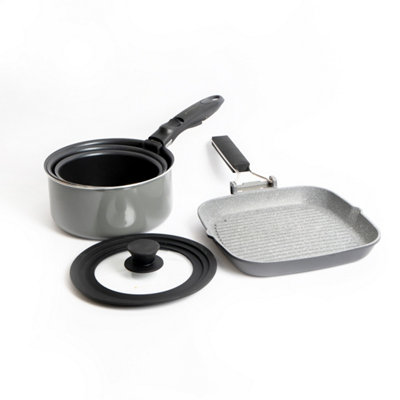 4pc NonStick Cookware Set with 24cm Cast Aluminium Grill Pan & 3x