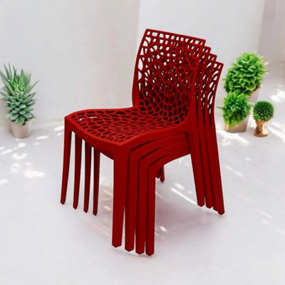 4pc Red Plastic Stacking Chairs, Deluxe Red Garden Web Chairs