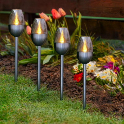 4pc Solar LED Stake Light Set with Flame Effect