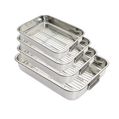 4Pc Stainless Steel Roasting Oven Pan Dish Baking Roaster Tin Grill Rack + Tray