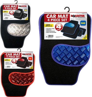 4Pc Universal Fit Car Mat Set Carpet Non Slip Van Aluminium Trim Black Blue