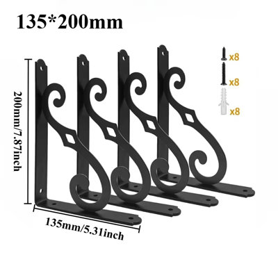 4PCS Black Metal Shelf Brackets 135x200mm , Heavy Duty Wall Mounted Triangle Supports