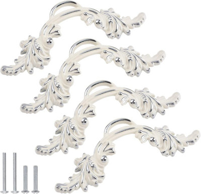 4PCS EUROPEAN STYLE DRESSER HANDLES, CREAM IVORY WHITE & SILVER EDGE  VINTAGE CABINET HANDLES, 2. 5