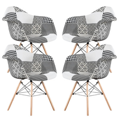 4PCs Patchwork Tub Fabric Dining Chairs Upholstered Dining Armchair, Black/White