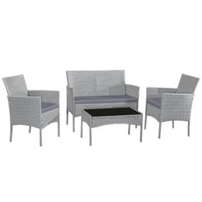 4pcs Rattan Effect Outdoor Garden Furniture Set - Patio Seating with Cushions - 2 Seater Sofa with 2 Armchairs & Coffee Table