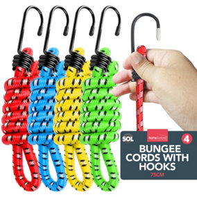4pk Bungee Cords with Hooks 75cm, Long Bungee Cord with Hooks, Bungee Straps Bunjee Chords Bungees with Hooks