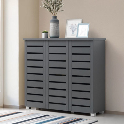 4Tier Shoe Storage Cabinet 3 Door Cupboard Stand Rack Unit Dark Grey